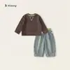 Ropa de Primavera y Otoño Bangxuan para Niños Camisa Base de Manga Larga a Rayas Retro para Niños Bloque de Color Cuello Redondo Camiseta para Niños