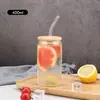 Taza de Agua Personalizable de Vidrio de Borosilicato Alto con Tapa de Bambú Taza para Jugos con Popote Gran Capacidad Vaso para Refrescos Se Puede Imprimir Logo