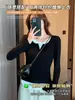 Camiseta de Manga Larga con Diseño Falso de Dos Piezas H261 para Mujer en Otoño, Aspecto Adelgazante, Top Elegante y Hermoso, Camiseta Básica de Cuello Redondo