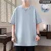 Camiseta de Manga Corta Pesada 220g Algodón Puro para Hombre Cuello Redondo Estilo Americano Holgada Verano Algodón Manga Media Color Sólido
