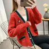 Suéter Jacquard Versátil Estilo Tweed Roupa Externa Feminina Outono e Inverno 2023 Novo Estilo Coreano Cardigã Tricotado Color Block Listrado Solto