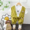 Traje Falso de Três Peças para Meninos Verão Novo Tendência Legal Roupas Infantis Roupa de Trabalho de Verão Manga Curta Menino Verão Bebê Roupas de Verão