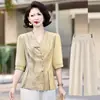 Nuevo Traje Jacquard Estilo Chino para Mujer de Manga Corta Chic Moda Verano Nuevas Llegadas Ropa para Madres Camisa Top Estilo Nacional Cachemira de Cordero