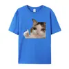 Camiseta de Algodão Tamanho Europeu2025 Verão Gato Triste Gosta de Você Gola Redonda Camiseta Unissex Modelagem Solta Preta