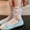 Meias Lolita Finas de Renda e Pelúcia para Primavera e Verão para Mulheres com Laço de Coração Lateral Corte Estilo Ballet Cano Médio