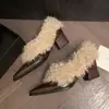 Zapatos de Piel de Vaca con Pelo y Bordes Abiertos 2025 Invierno Punta Fina Zapatos Slip-On Forrados de Felpa para Mujer Tacón Grueso Cálidos Zapatos Pequeños de Cuero de Tacón Alto