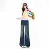 Calças jeans femininas transfronteiriças, levemente boca de sino, estilo americano, com efeito desgastado e "bigodes de gato", compridas até o chão, calças azul vintage profundo, calças pretas clássicas