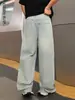 Jeans de pierna ancha de moda de alta gama con pedrería azul claro para hombre, pantalones vaqueros versátiles de cintura alta de pierna recta holgada estilo americano