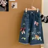 Conjunto de Verão para Meninas 2026 Nova Moda Doce Blusa de Manga Curta e Calça Jeans Wide-Leg Borboleta Infantil Conjunto de Duas Peças