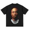Camiseta de manga curta estampada Tupac, estilo hip-hop retrô transfronteiriço, manga comprida, vintage, lavada, resistente, gola pequena, tudo combinando
