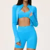 Conjunto de yoga sin costuras europeo y americano, cárdigan de cuello alto, conjunto deportivo para exteriores, secado rápido, transpirable y muy elástico, conjunto de tres piezas 5112