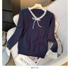 Diseño Estilo Coreano Tejido de Punto con Encaje y Cordones para Mujer Invierno Nuevo Suéter Cuello en V Slim Top Interior para Mujer Trendy