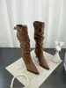 Botas de gamuza con volantes y punta fina para mujer, tacones de aguja, moda coreana otoño 2026, con hebilla de cinturón, botas largas de tacón alto