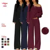 Comércio Transfronteiriço Estilo Europeu e Americano Blusa Ombro a Ombro de Manga Longa com Calça de Cintura Alta Wide Leg Suit Casual Sexy para Mulheres