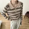 Moda Estilo Coreano Gola Lapela Blusa de Tricô Color Block Listrada para Mulheres Outono/Inverno Senso de Design Vazado Único Nicho Manga Longa Camada Base