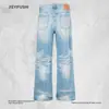 Calça Jeans Drapeada Estilo Americano com Padrão de Bigodes para Homens, Caimento Solto, Cleanfit, Moda High Street, Calça Wide Leg Lavada e Desgastada