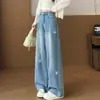 Jeans Anchos Bordados Estilo Casual para Mujer Otoño Nuevo Estilo Moda Cintura Alta Sueltos Adelgazantes Versátiles Simples Pantalones de Pierna Recta