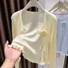 Cárdigan de Punto Transparente de Seda Helada Estilo Coreano Azul para Mujer, Vestido de Verano sin Mangas con Superposición Floral Fruncida