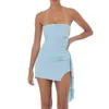 Vestido Azul Strapless de Vacaciones LUCYINTH, Vestido Corto Femenino Chic Asimétrico Fruncido con Diseño Ceñidor de Cintura
