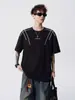 Camiseta Negra de Manga Corta de Marca de Moda Estilo Americano con Costuras Visibles, Corte Holgado para Mujer, Estilo Urbano de Verano, Camiseta Versátil Casual para Pareja