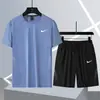 Conjunto de Shorts de Corrida de Manga Curta de Verão para Homens Peça Dupla Seda Gelada Respirável Secagem Rápida Roupa Terno Esportivo de Basquete Pena para Homens