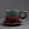 Conjunto de Xícara e Pires para Café Torneado em Forno, Xícara Criativa de Cerâmica para Latte Art, Caneca Retrô de Grés, Copo de Água, Xícara com Alça de Gancho