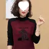 Estilo Otoño e Invierno del Sudeste Asiático Casual y Elegante Moda para Reducir la Edad Bloqueo de Color Pedrería Manga Larga Cuello Semi Alto Camiseta Base Superior
