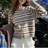 26 nuevos cárdigans de punto abotonados de cuello redondo a rayas estilo vintage para mujer, estilo coreano, suéter único y elegante