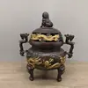 Quemador de Incienso de Cobre Dragón y Fénix Dorado Morado Decoración del Hogar Adorno de Quemador de Incienso de Cobre de Tres Patas Manualidad con Cabeza de León de Doble Oreja