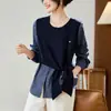Camisa a Cuadros de Algodón de Falso Dos Piezas Versátil para Mujer 2026 Otoño e Invierno Nuevo Diseño Camisa Superior con Chal de Punto