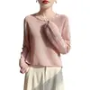 Suéter de Punto Hueco con Perlas de Alto Diseño Estilo Francés para Mujer, Suéter Pulóver Azul Claro, Cuello Redondo, Top Básico Holgado