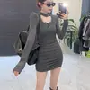 Vestido Corto Picante de Nuevo Estilo Primavera y Otoño Transfronterizo con Escote Halter Calado, Ajustado, Encaje con Parches Abotonados, Fruncido, Bodycon