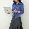 Camisa de manga larga con cintura azul para mujer, diseño de primavera y otoño, plisada, ajustada y adelgazante, top interior de otoño para mujer
