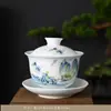 Porcelana Blanca con un Brillo Similar al Jade, Se Puede Colgar y Girar, Juego de Tazón con Tapa de Tres Piezas, Juego de Té Cerámico de Alta Gama Anti-Quemaduras, Tazón de Té, Taza de Té Individual