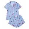 Europa 2026 Verano Conjunto de Pijama de Burbuja Crepé para Mujer Manga Corta Simple Azul Ropa de Casa Venta Directa de Fábrica