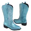 Botas de vaquero occidentales azules brillantes transfronterizas para mujer, botas de media caña bordadas vintage, punta fina, tacón grueso, fiesta, escenario, talla grande