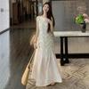 Vestido colete de renda de alta qualidade com cadarço feminino Verão 2025 Novo Afina a cintura Elegante Saia Longa