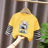 G2508# Camiseta de Manga Longa 100% Algodão para Meninos e Meninas Primavera e Outono Camisa Base Falsa de Duas Peças para Crianças Peça Versátil Roupas de Outono Camiseta Gola Redonda
