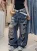 Jeans rotos de letras retro americanos para mujer, nuevos de verano de cintura alta holgados de pierna ancha casuales largos hasta el suelo finos