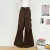 Pantalones cargo de tiro bajo, con bolsillos grandes, ligeramente acampanados, de pierna ancha, hasta el suelo, en colores marrón y gris, marrón y gris verdoso, tejido con pelo de conejo
