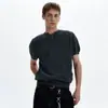 Camiseta de punto retro americana de manga corta con cuello Henley gris oscuro para hombre, hombro normal, corte limpio, top casual para el trabajo