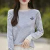 Suéter de punto pullover nuevo de otoño e invierno transfronterizo para mujer, tejido de terciopelo Andy con cuello redondo, camiseta base bordada, estilo coreano a rayas, comercio exterior