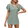 Ropa de mujer europea y americana 2024 Verano nuevo Amazon blusas de mujer color liso hueco cuello en V manga con volantes casual camiseta