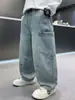 Pantalones cargo de mezclilla holgados para niños, pantalones anchos de moda estilo coreano, pantalones rectos lavables para primavera y otoño para niños mayores