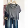 Camiseta tipo Polo de Hombro Recto de Seda de Hielo Gris para Mujer 2026 Nuevo Cardigan de Verano de Manga Corta Top Corto de Punto