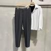 Pantalones cortos británicos para hombre, elegantes leggings rectos ajustados con colgante, pantalones cónicos de nueve puntos estilo coreano