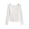 Camiseta Elegante de Botão de Concha com Decote Baixo e Manga Longa para Mulheres, Novo Estilo de Primavera, Blusa Básica Estilosa Versátil Slim Fit, Top de Cor Sólida