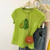 Foto Real de uma Camiseta Redonda de Manga Curta com Estampa Doce e Divertida para Mulheres, Versátil para o Verão, Rejuvenescedora, Slim Fit, Levemente Transparente, Top Curto