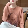Suéter de Punto Redondo de Hilo Fino con Mangas Largas para Mujer, Cruzado, Otoño Temprano 2025, Diseño Impreso de Auriculares, Camiseta Base Pulóver Holgada
