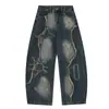 Jeans Retro Americano Lavados con Borde Crudo Bordado de Cimitarra Pantalones Sueltos de Pierna Ancha hasta el Suelo para Hombre y Mujer de Otoño